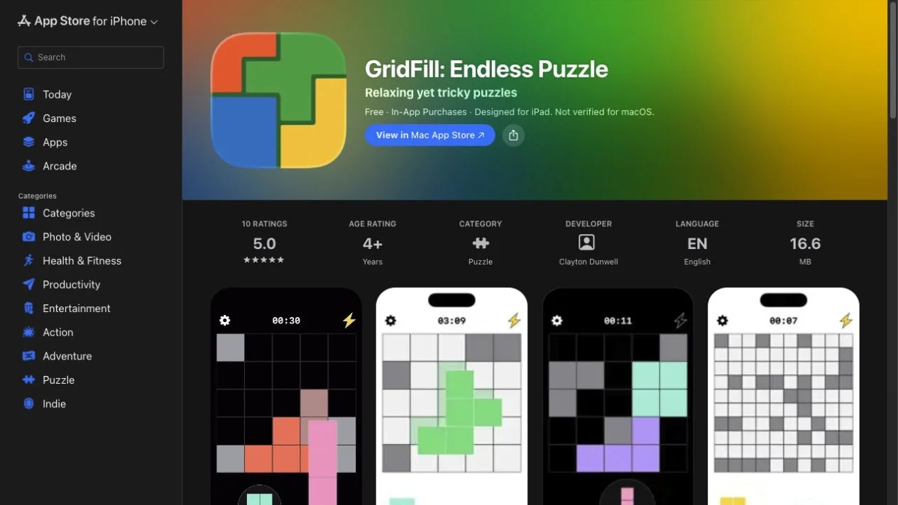 GridFill App Store listing and puzzle gameplay screens