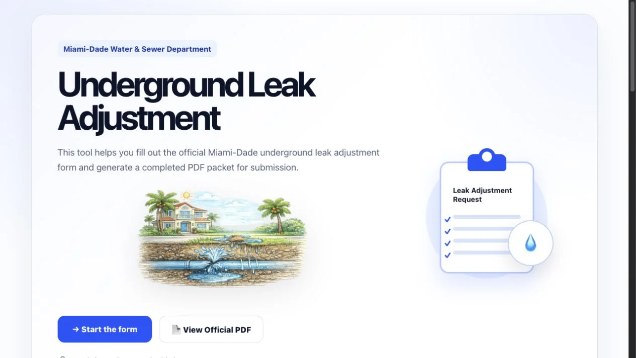 Miami Leak Adjustment guided form homepage