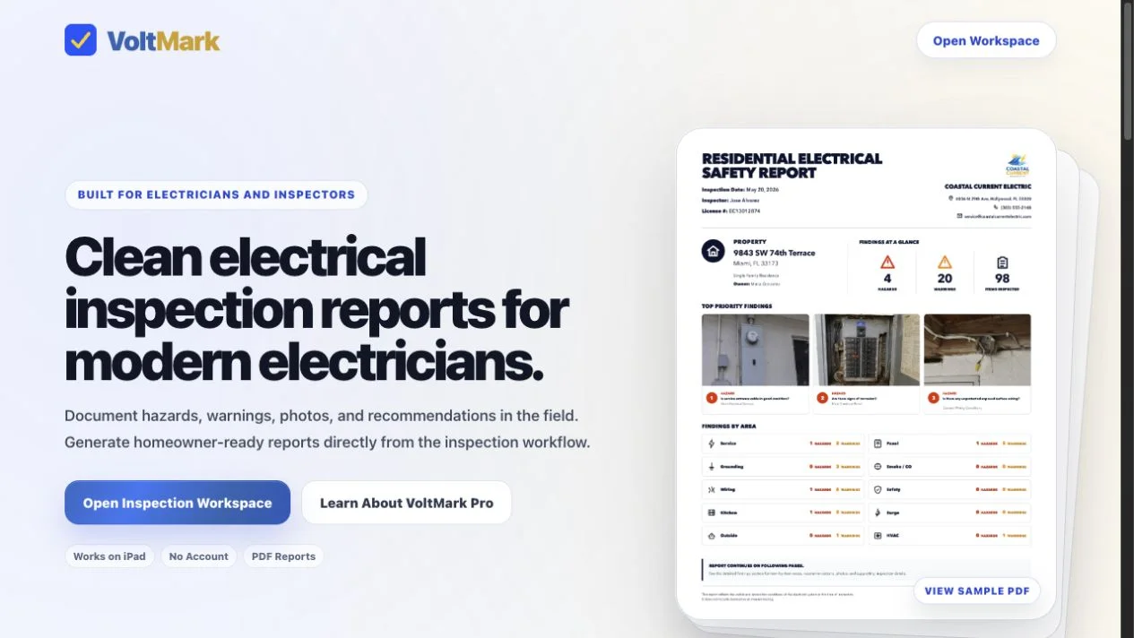 VoltMark electrical inspection reporting homepage